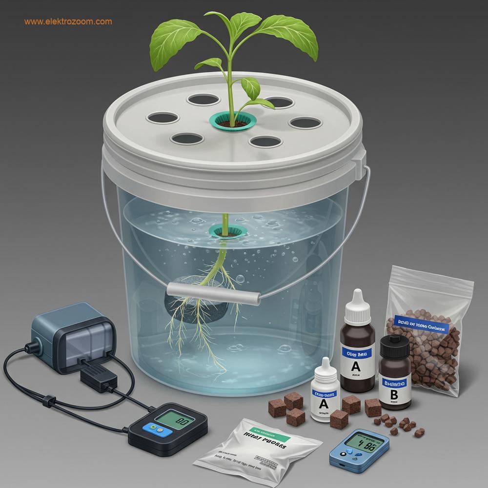 DWC (Derin Su Kültürü) hidroponik sisteminin bileşenlerini gösteren detaylı bir fotoğraf. Opak bir kova rezervuar, net saksılar, havalandırma için hava taşı, hava pompası, pH ve EC metreleri ve besin çözeltisi şişeleri görünmektedir.