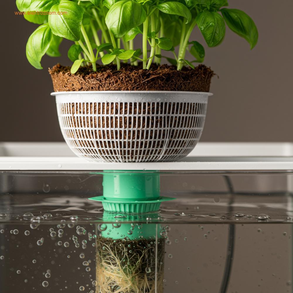 DWC hidroponik sisteminde bir fesleğen bitkisinin köklerinin suya daldığı bölgenin yakın çekimi.