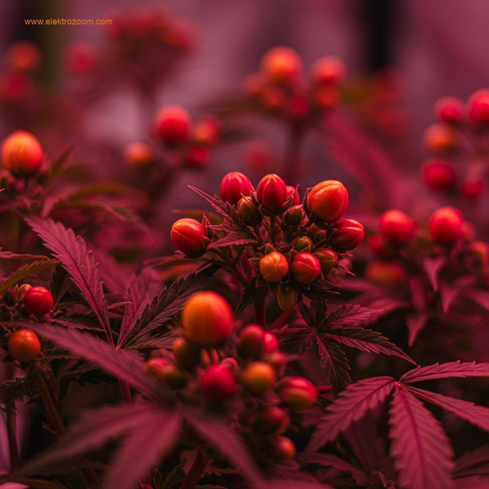 Çiçeklenme evresindeki bir bitkinin, çiçek tomurcuklarının LED bitki ışığının optimize edilmiş spektrumu altında zengin ve canlı renklerle göründüğü yakın plan bir görüntü.