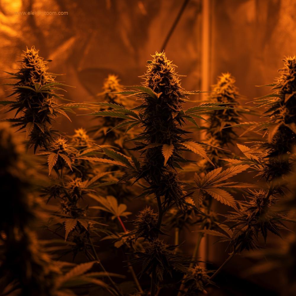 Temiz bir iç mekan yetiştirme çadırında çiçeklenme aşamasında olan olgun bir bitkiyi gösteren sinematik, hiper-gerçekçi bir fotoğraf. Sahne, 12/12 ışık döngüsü aydınlatmasıyla yıkanmış, ortamın karanlık tarafının derin, mutlak siyahlığıyla keskin bir tezat oluşturarak kesintisiz 12 saatlik karanlık dönemin önemini vurguluyor.