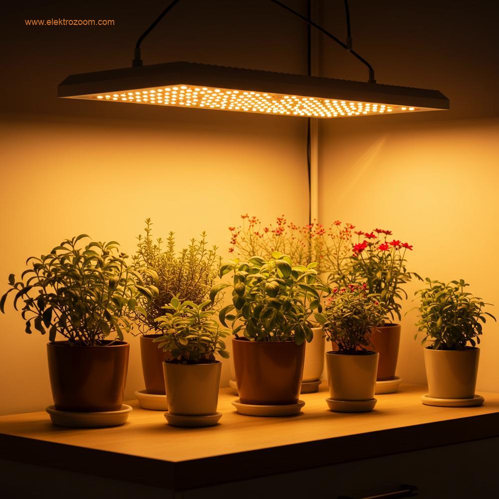 Bir mutfak tezgahında veya oturma odası köşesinde, parlak sıcak beyaz tam spektrumlu LED bitki lambası altında gelişen çeşitli saksı bitkileri.