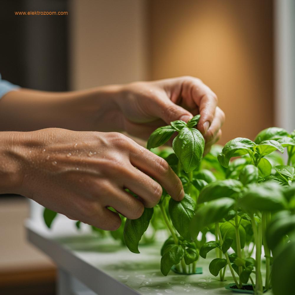 Kişinin elleri, iyi bakılmış ev tipi topraksız tarım sisteminden taze, çiğnenmiş fesleğen yapraklarını topluyor.