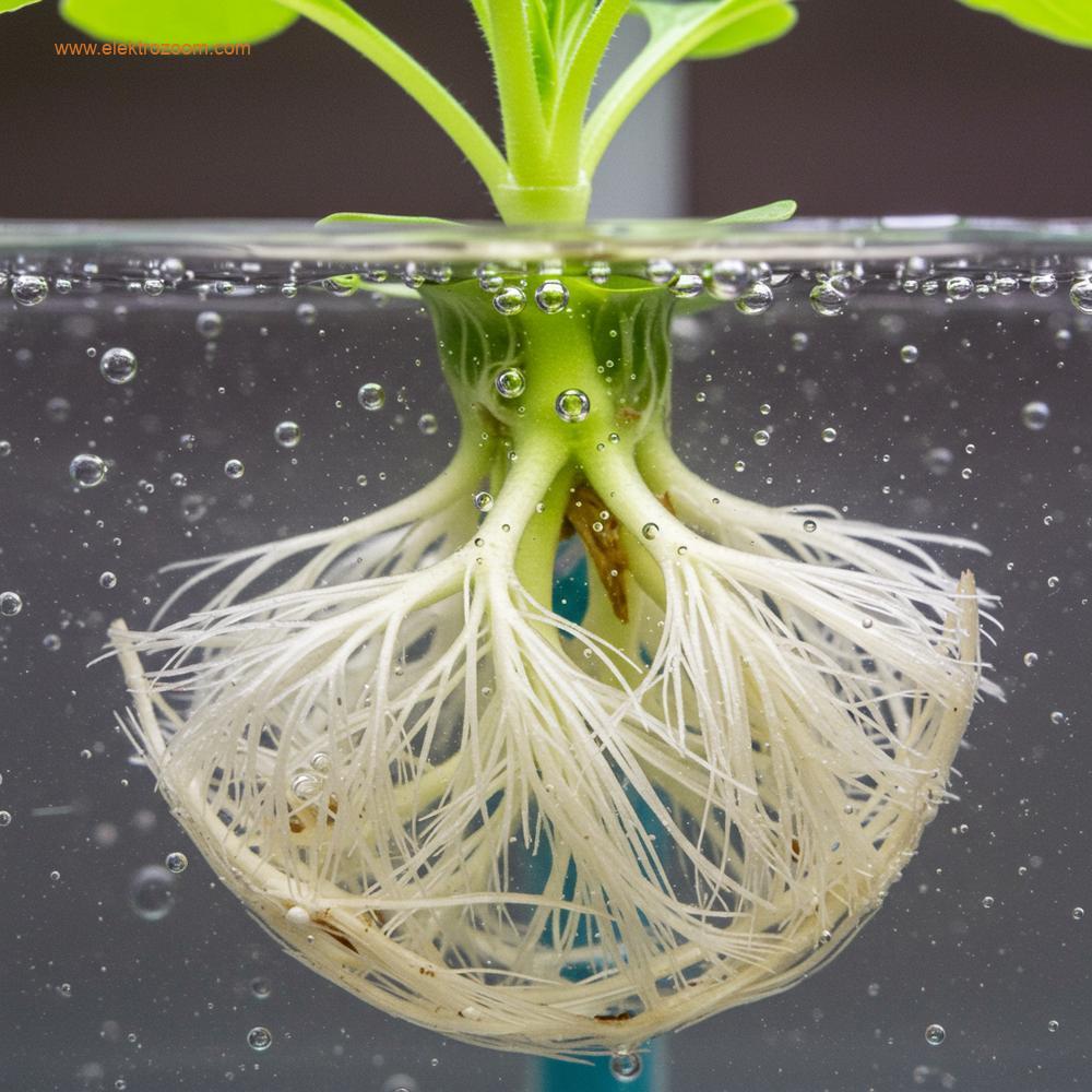 Hidroponik olarak yetiştirilen genç ve gelişen bir bitkinin sağlıklı, bembeyaz kök sisteminin yakın çekim makro görüntüsü. Kökler, net bir saksıda oksijenli besin çözeltisine dalmıştır.