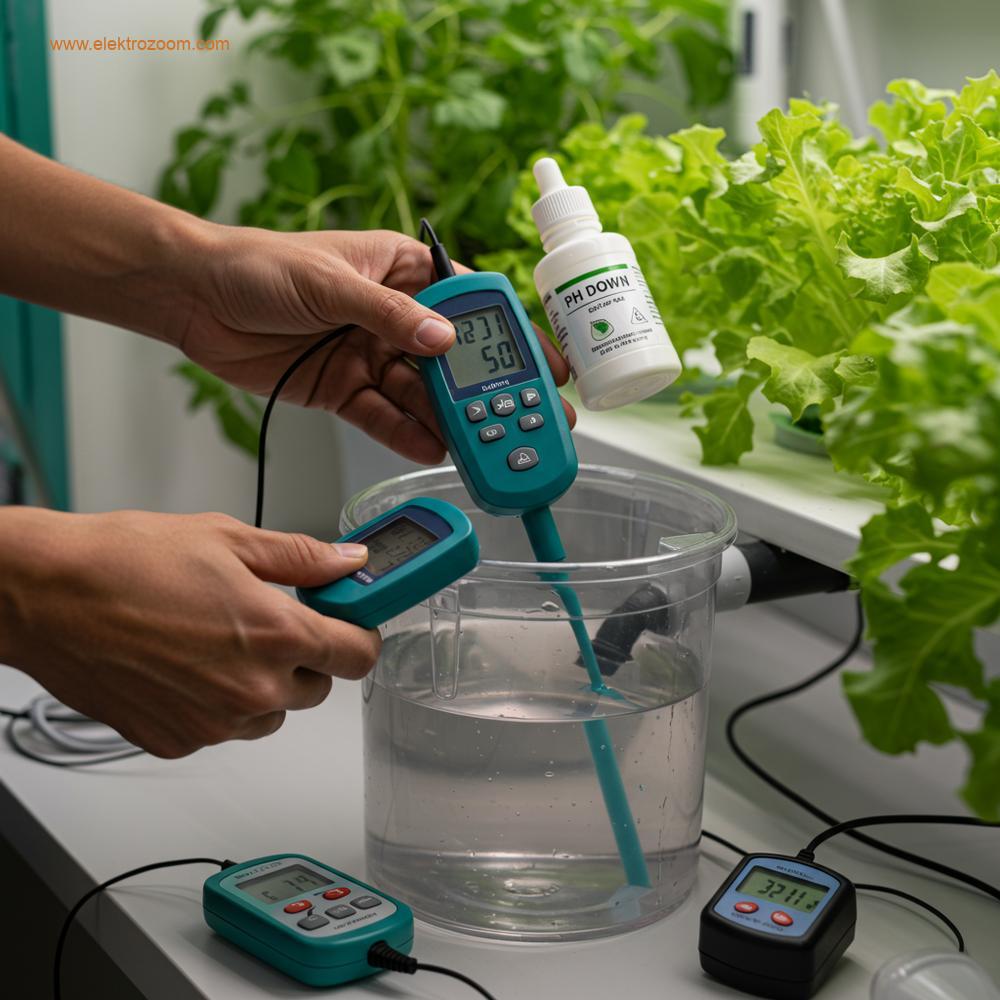 Bir kişinin elleri, DWC rezervuarındaki besin çözeltisine daldırılmış dijital bir pH metre tutuyor. Yanında pH ayar çözeltisi şişesi görülüyor ve bu da hassas bakım sürecini gösteriyor.