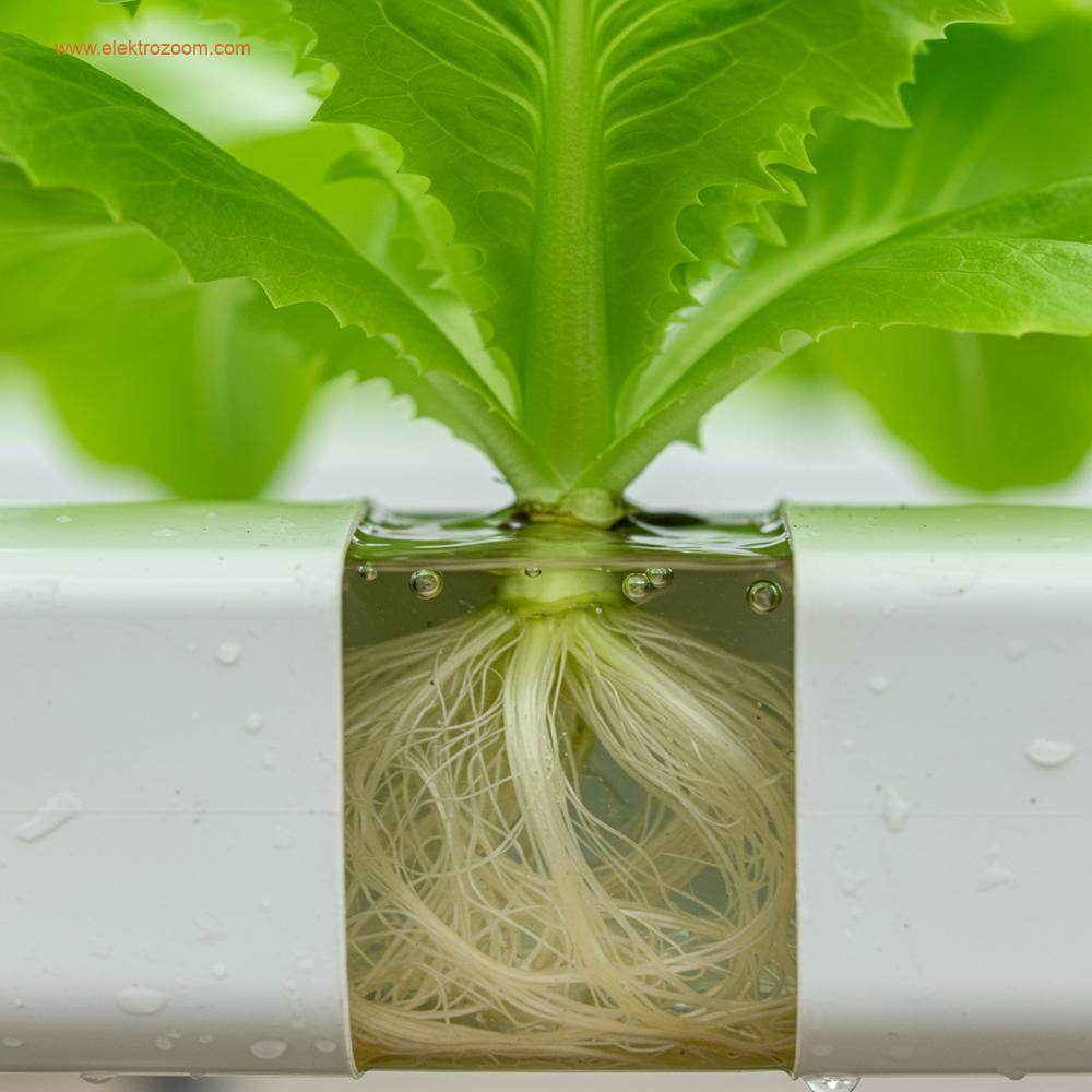 A detailed, macro close-up shot of the healthy, pristine white root system of a thriving lettuce plant. The roots are partially submerged in a transparent, gently flowing nutrient-rich water solution within a clean, white PVC NFT (Nutrient Film Technique) channel. Tiny, subtle bubbles might be visible in the water, indicating aeration. The vibrant green leaves of the plant are visible above, contrasting with the clarity of the water and the roots. The focus is on the intricate root structure and the direct absorption of nutrients. Realistic photography, sharp focus, natural light simulation, high detail.
