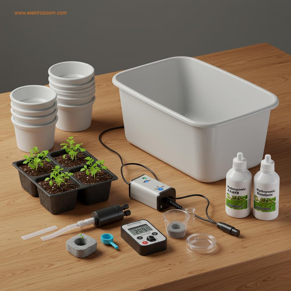 Başlangıç seviyesi için bir DWC topraksız tarım sisteminin kurulumunda kullanılan bileşenler: kova, hava pompası, besin şişeleri ve pH ölçer düzenli bir tezgah üzerinde sergileniyor.