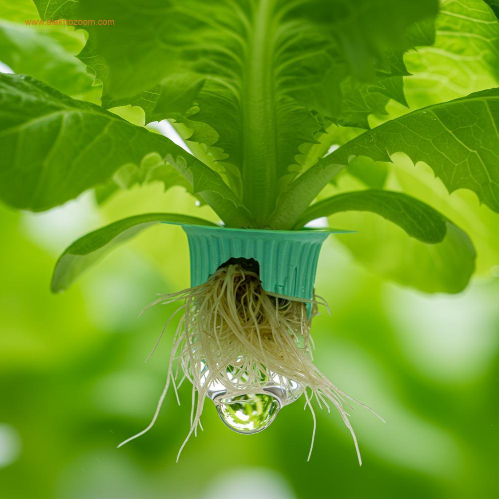Besin yüklü suda asılı duran canlı yeşil bitki köklerinin yakından, yüksek detaylı bir fotoğrafı, modern bir Hidroponik Derin Su Kültürü (DWC) sistemi içinde. Kök kütlesinin suyu emişine odaklanılmış. Aydınlatma parlak, kontrollü iç mekan tarım koşullarını simüle ediyor. Makro fotoğrafçılık stili, gerçekçi.