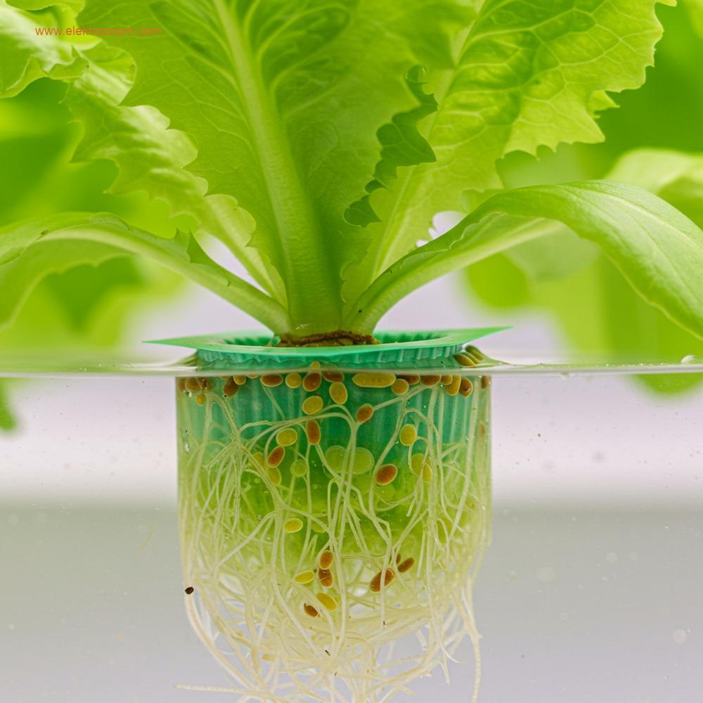 Hidroponik sistemde dolaşan besin çözeltisindeki sağlıklı, canlı yeşil marul köklerinin yakın çekimi. Mikroskobik düzeyde aydınlatma, ince kök tüylerine yapışmış yoğun, faydalı bir biyo-film tabakasını vurguluyor.