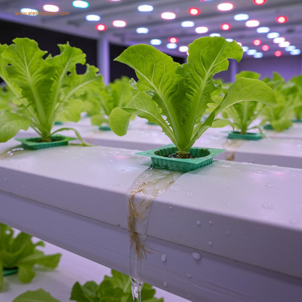 Modern bir hidroponik çiftlikteki köklerin detaylı yakın çekimi. Beyaz NFT kanallarında akan besin açısından zengin su içinde asılı duran sağlıklı yeşil marul bitkilerinin kökleri görülüyor.