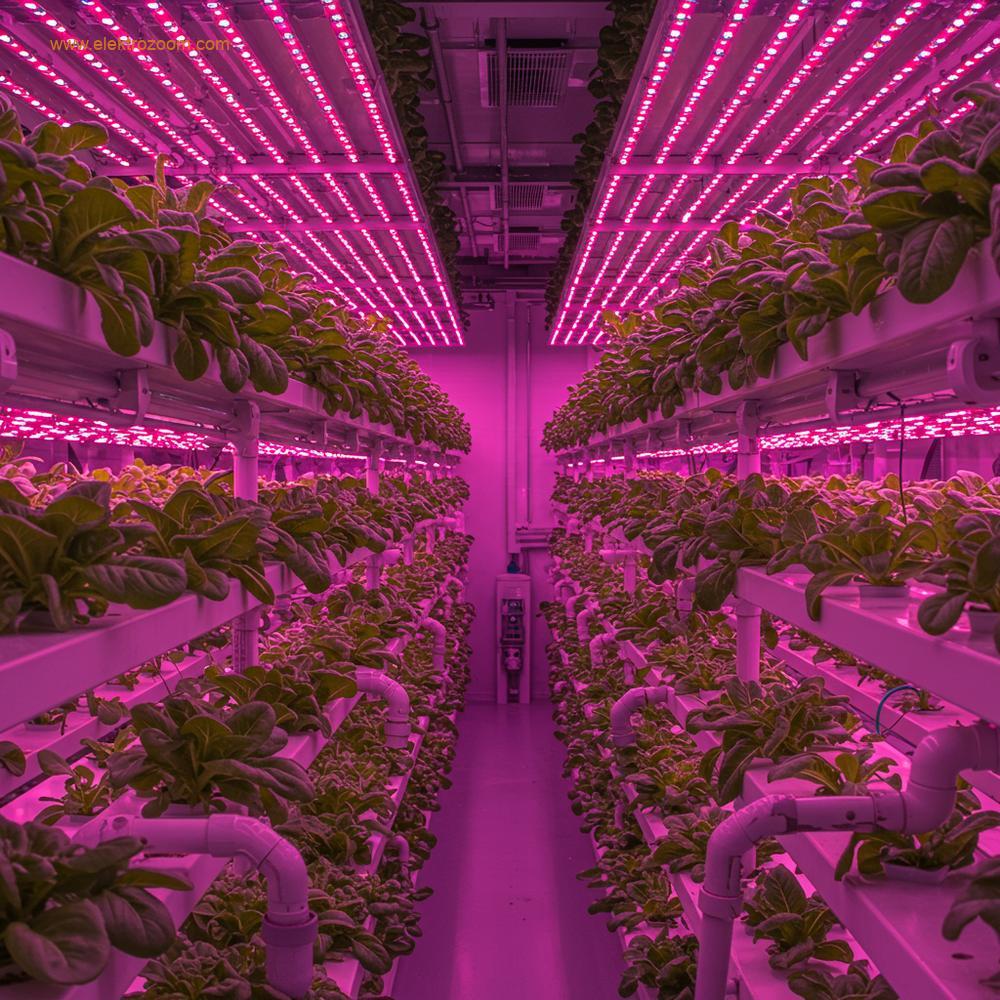 Modern bir dikey çiftlik içerisinde, pembe/mor LED yetiştirme ışıkları altında dikey olarak istiflenmiş canlı yeşil yapraklı sebzeler görülmektedir.