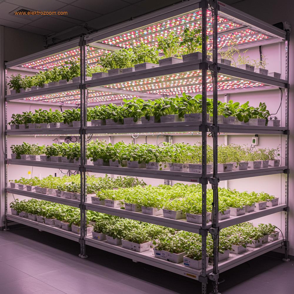 Çok katlı raflarda, yumuşak beyaz tam spektrumlu LED bitki ışığı altında gelişen çeşitli yeşil bitkilerin bulunduğu modern bir iç mekan dikey tarım kurulumu.