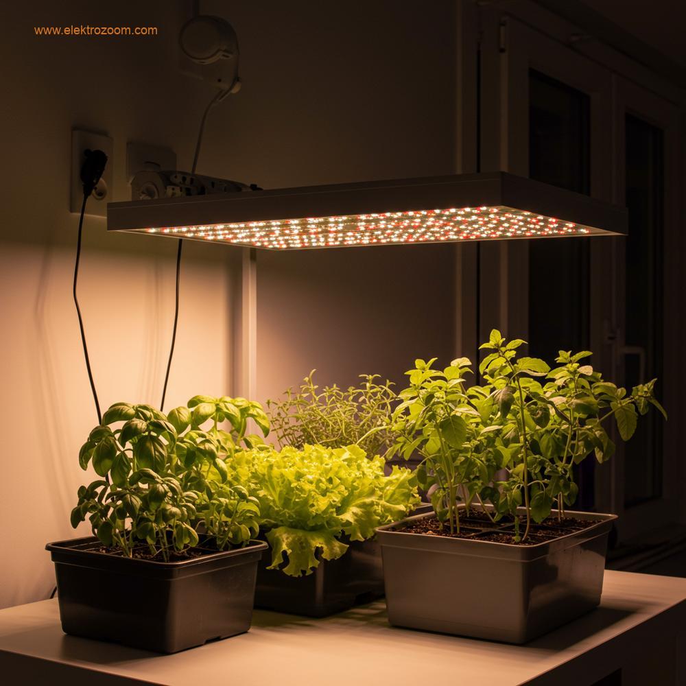 Modern bir ev veya daire içinde, çeşitli canlı bitkilerin tam spektrumlu LED yetiştirme ışıkları altında geliştiği temiz, düzenli bir iç mekan bahçesi kurulumu.