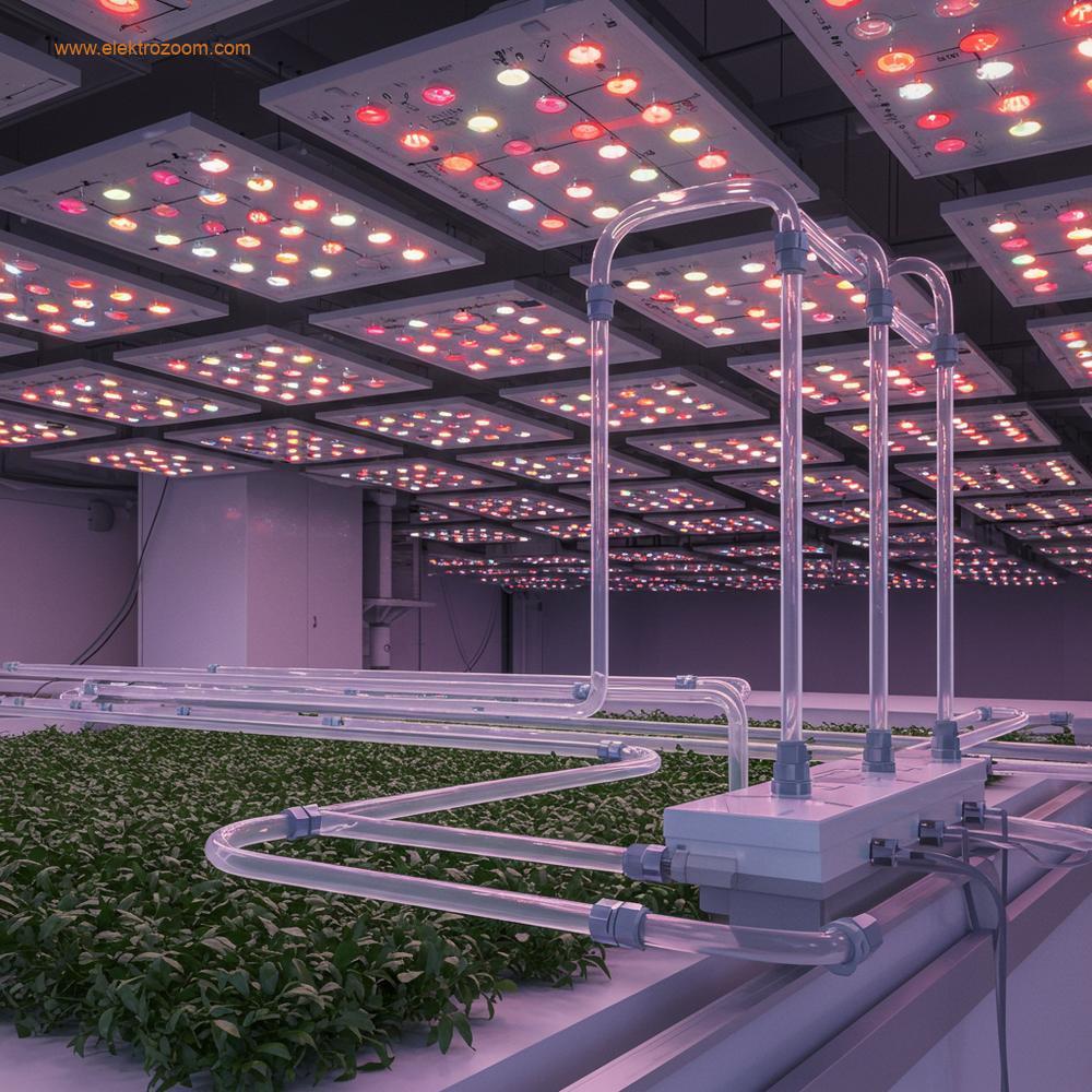 Yüksek yoğunluklu LED dizilerinin altına entegre edilmiş sıvı soğutma tüplerinin gösterildiği stilize bir ticari yetiştirme alanı görselleştirmesi.