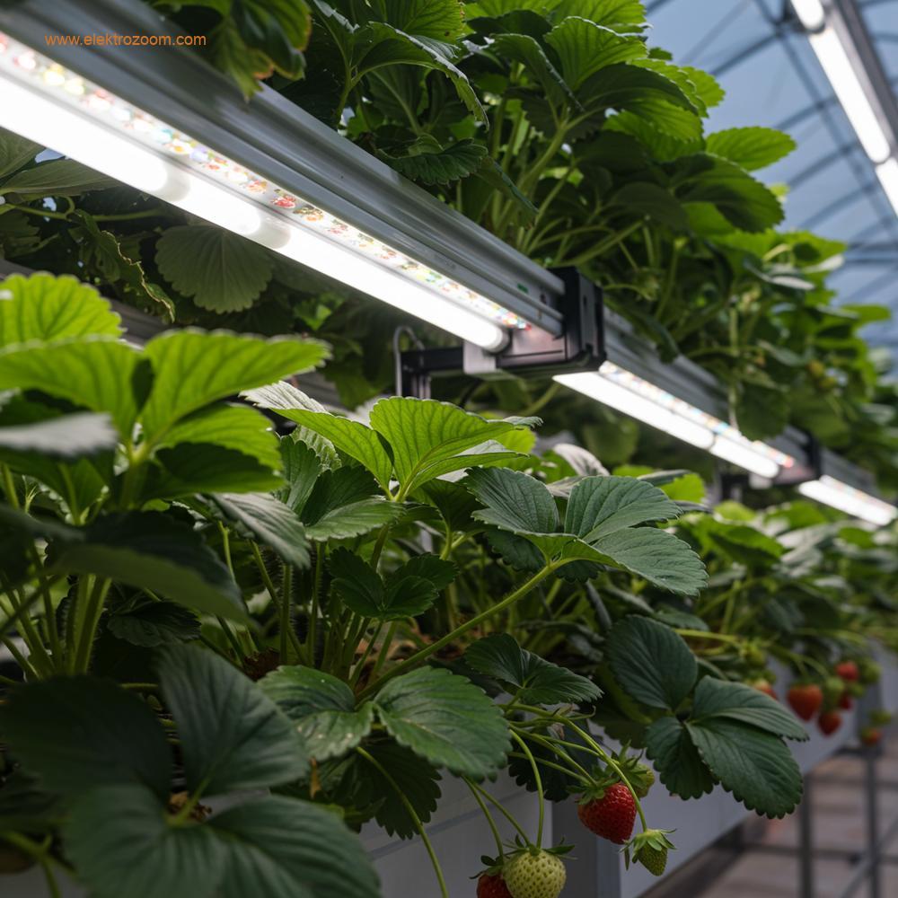 Yoğun çilek bitkisi kanopisinin içine yatay olarak yerleştirilmiş, parlak, ayarlanabilir LED çubuklarını gösteren yakın çekim bir detay görüntüsü.