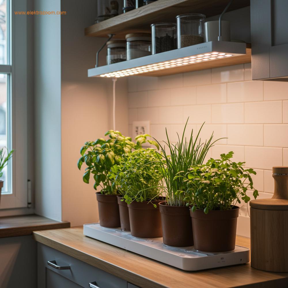 Şehir dairesinde tezgah üstünde bulunan küçük, işlevsel bir iç mekan bitki bahçesi. Fesleğen, maydanoz ve frenk soğanı gibi taze otların bulunduğu saksıların üzerinde, yıl boyu büyümeyi sağlayan minimalist bir LED ışık çubuğu asılı duruyor.