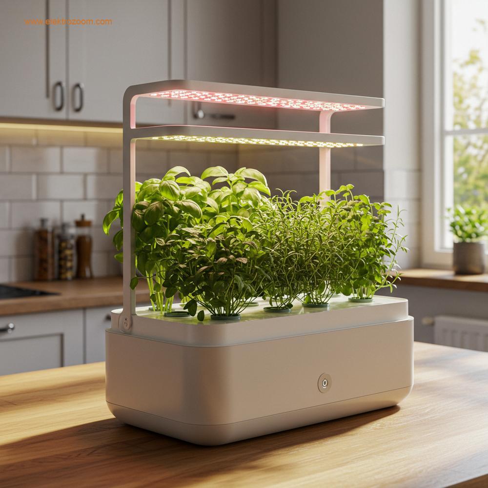 Modern bir mutfak tezgahında taze fesleğen, nane gibi yeşillikler yetiştiren kompakt bir ev tipi topraksız tarım sistemi.