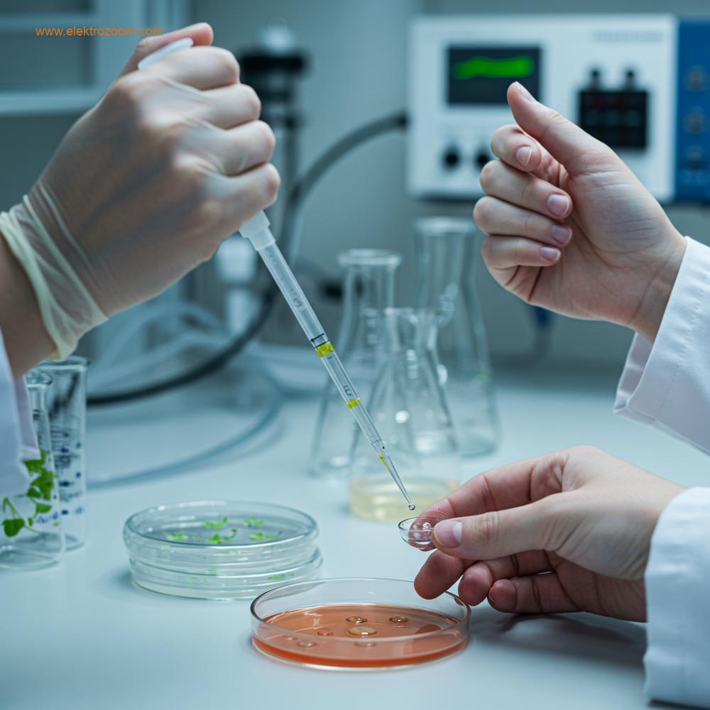 Temiz bir laboratuvar ortamında bir araştırmacı (sadece eller görünür) steril bir pipet kullanarak besin çözeltisinden bir numuneyi agar içeren bir petri kabına dikkatlice aktarıyor.