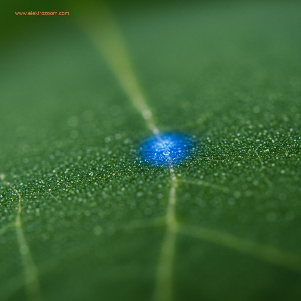Sağlıklı yeşil bir yaprağın yüzeyine odaklanan bir makro fotoğraf. Yaprak yüzeyinde belirgin bir mavi ışık yansıması görülüyor ve bu durum, mavi spektrumun stomatal düzenleme için önemini vurguluyor.