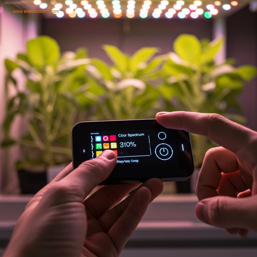 İleri düzey bir LED bitki ışığı sisteminin ayarlarını değiştirmek için uzanan bir insan eli, hassasiyeti ve kontrolü ima ediyor.