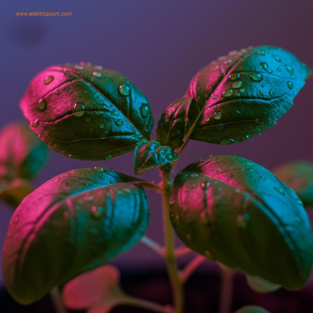 Genç bir bitkinin parlak yeşil yapraklarının yakından, gerçekçi bir çekimi. Yapraklar, bitkinin canlılığını vurgulayan belirgin, morumsu bir parıltı yaratan mavi ve kırmızı LED ışık karışımıyla aydınlatılmış durumda.