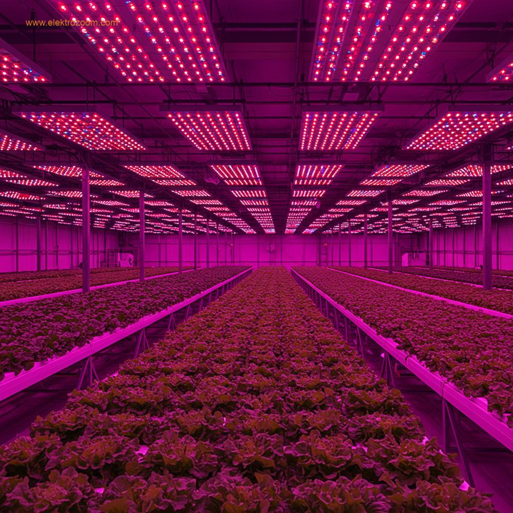 Yüksek teknolojili ticari bir seranın içi, tepeden gelen mor ve derin kırmızı ışık yayan LED yetiştirme ışıklarıyla aydınlanmış durumda. Altında yemyeşil, sağlıklı yeşil marul veya domates sıraları açıkça görülüyor.