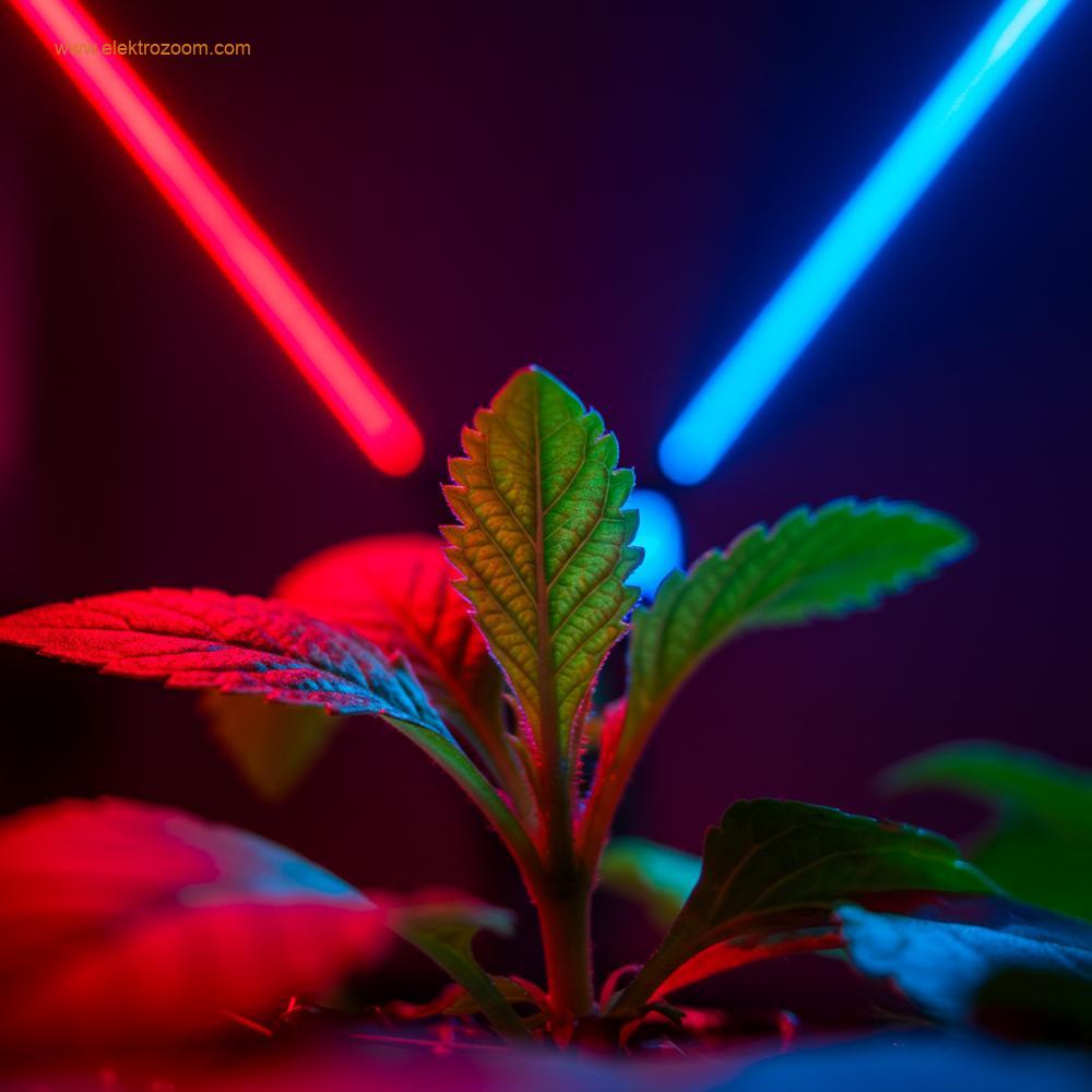 Kontrollü iç mekan yetiştirme ortamında derin kırmızı ve parlak mavi LED ışıklarla aydınlatılan canlı yeşil genç bir yaprağın ultra yakın çekim fotoğrafı.