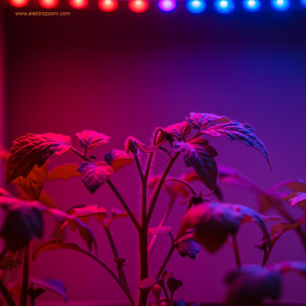 Yoğun kırmızı ve kraliyet mavisi LED'lerden gelen birincil aydınlatma altında büyüyen genç, gelişen bitkilerin yakın çekimi.