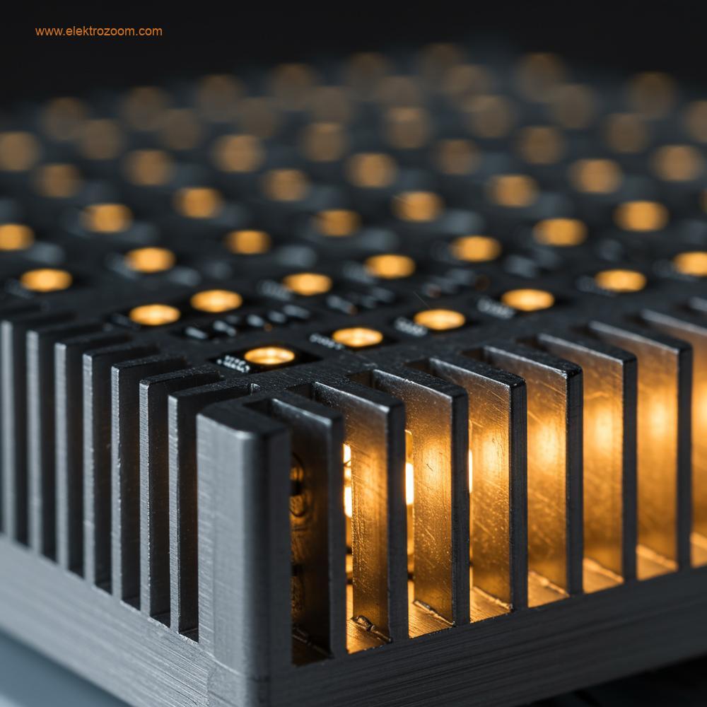 Tarım aydınlatması için tasarlanmış alüminyum ısı emiciye entegre edilmiş yüksek verimli bir LED çip dizisinin yakın çekim, makro fotoğrafı. Termal yönetim sistemine odaklanılmıştır.