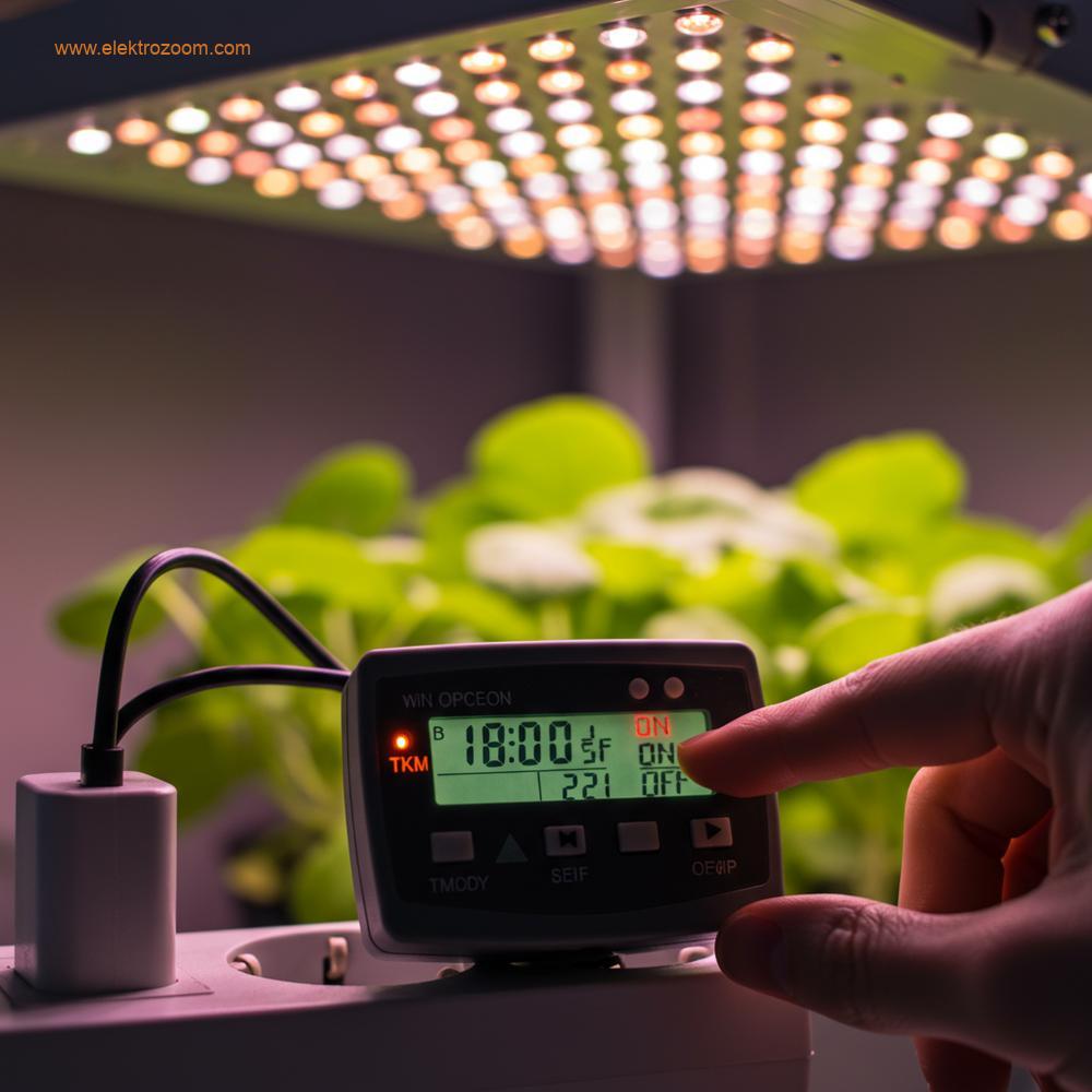LED bitki ışığına güç veren bir elektrik prizine bağlı olan dijital bir zamanlayıcı görülüyor. Zamanlayıcı, ışık döngüsünün hassas kontrolünü simgeleyerek verimli iç mekân tarımını gösteriyor.