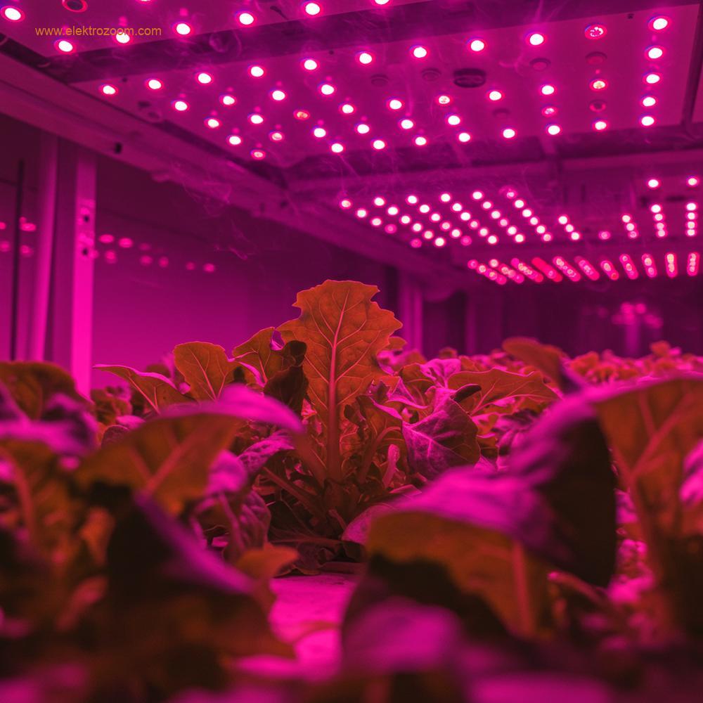 Modern bir iç mekan dikey çiftliğin yakın çekim, fotogerçekçi görünümü. Yapraklar parlak, özelleştirilmiş LED büyütme ışıkları altında yoğun yeşil renkte. Işık spektrumu, derin kırmızı ve mavi ışığın bir karışımı olan yoğun macenta/pembe tonları ile öne çıkıyor. Sahne bilimsel ve yüksek oranda kontrollü görünmeli, optimize edilmiş nemi düşündüren görünür buhar yoğunlaşması mevcut. Sığ alan derinliği, aydınlatılmış yaprakların canlı renklerini vurguluyor.