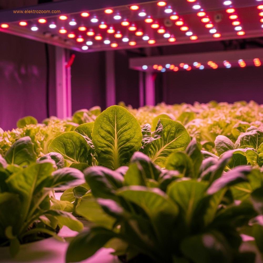 Modern bir dikey çiftlikte veya iç mekan yetiştirme çadırında, yukarıdan gelen LED yetiştirme ışıklarıyla aydınlatılan canlı yeşil marul veya fesleğen bitkilerinin yakın çekim fotoğrafı. Aydınlatma, yapraklar üzerinde belirgin kırmızı ve mavi spektrum vurguları yaratarak optimum fotosentezi simgeliyor.
