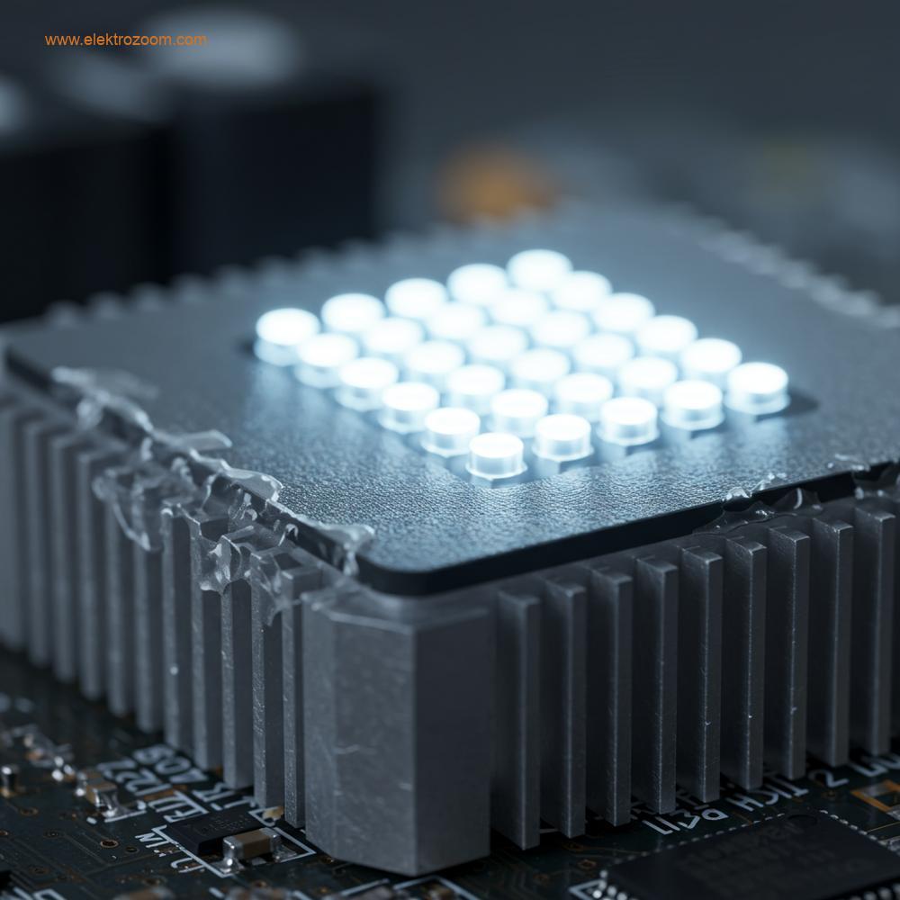 Yüksek güçlü bir LED diyotunun, termal arayüz malzemesi (TIM) ile alüminyum soğutucu kanatçıkları arasına monte edildiği yakın çekim detayı.