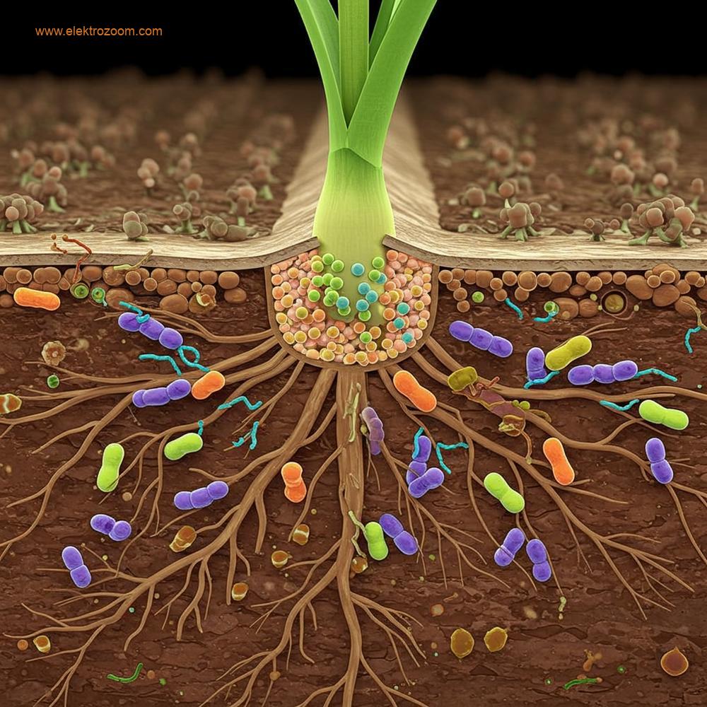 Kök ucunun faydalı mikroorganizmalarla etkileşimini gösteren bilimsel illüstrasyon. Kökün, faydalı bakteri ve mantarlar sayesinde besinleri verimli bir şekilde emdiği gösteriliyor.