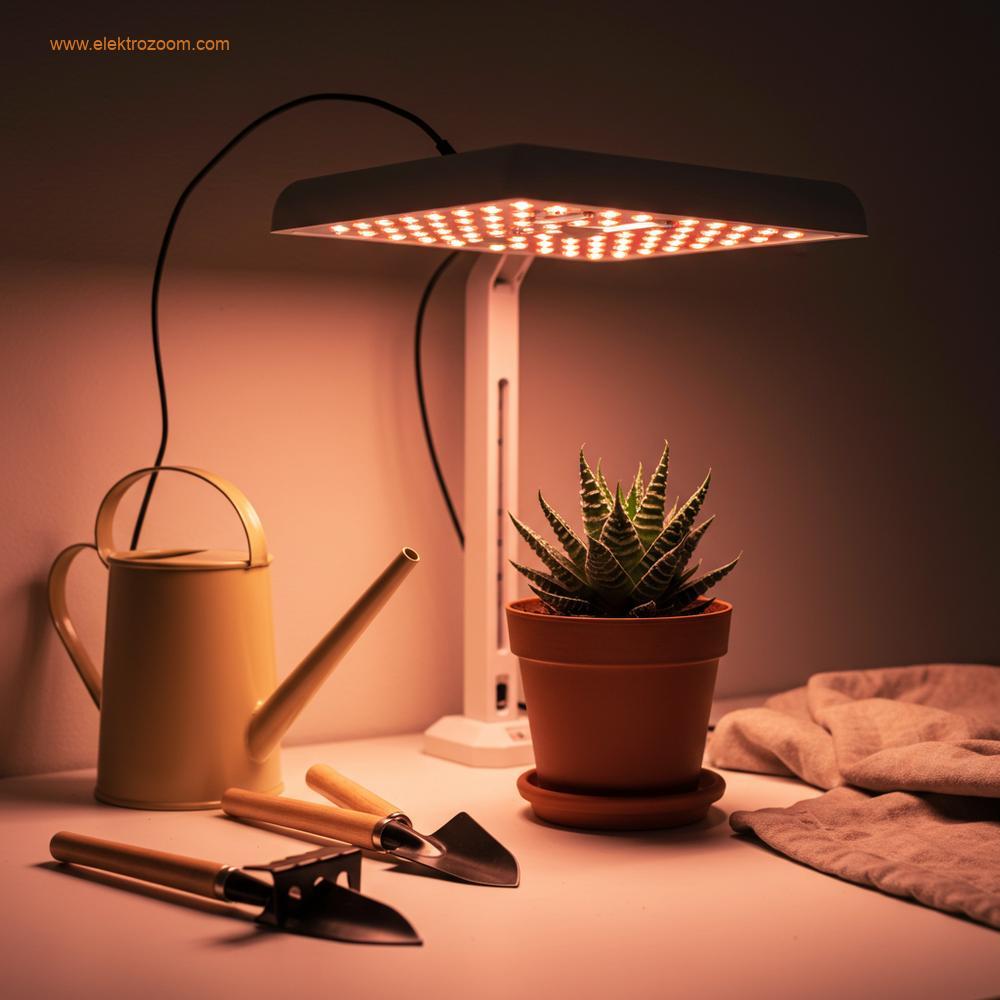 Soğuk mevsimde dikkatli, modern iç mekan bahçeciliği yönetimini düşündüren, sulu meyvelerin yanında çağdaş, minimalist bir LED yetiştirme lambası armatürü altında sağlıklı bir saksı sukulentinin bulunduğu estetik bir düz yerleşim. Yapay ışık ile ortam ışığı arasında yumuşak aydınlatma kontrastı.