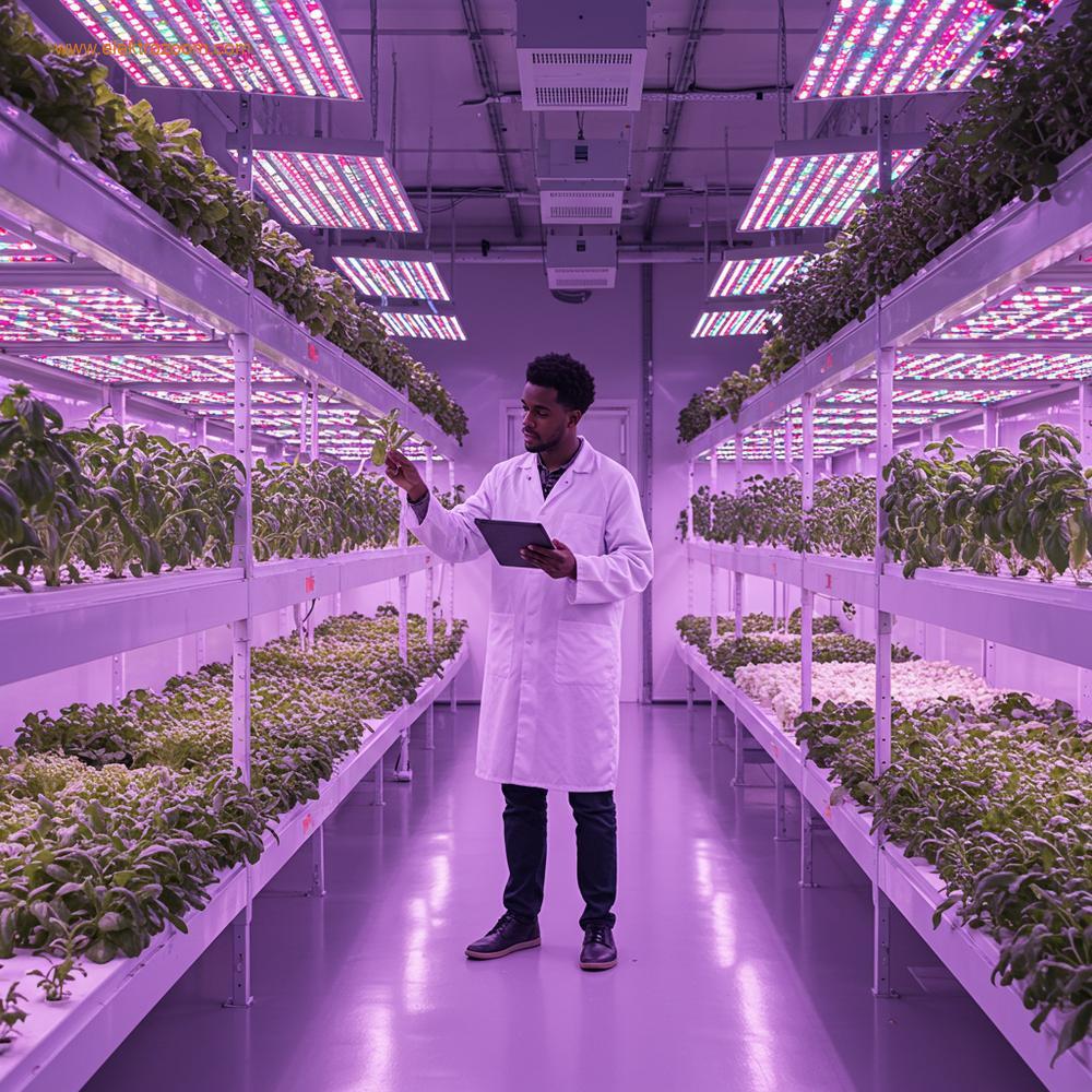 A modern, brightly lit indoor vertical farm. Rows of vibrant green leafy vegetables like lettuce, kale, and basil grow meticulously in a clean hydroponic system. Soft, purple and white LED grow lights illuminate the plants from above, creating a serene and futuristic atmosphere. A professional, diverse young agricultural engineer, wearing a white lab coat, is carefully examining a plant on a lower tier, holding a tablet to monitor environmental data. The floor is spotless, and reflective surfaces enhance the sense of hygiene and technology. No soil is visible, emphasizing the soilless nature. Realistic photography, high detail, clean aesthetic.