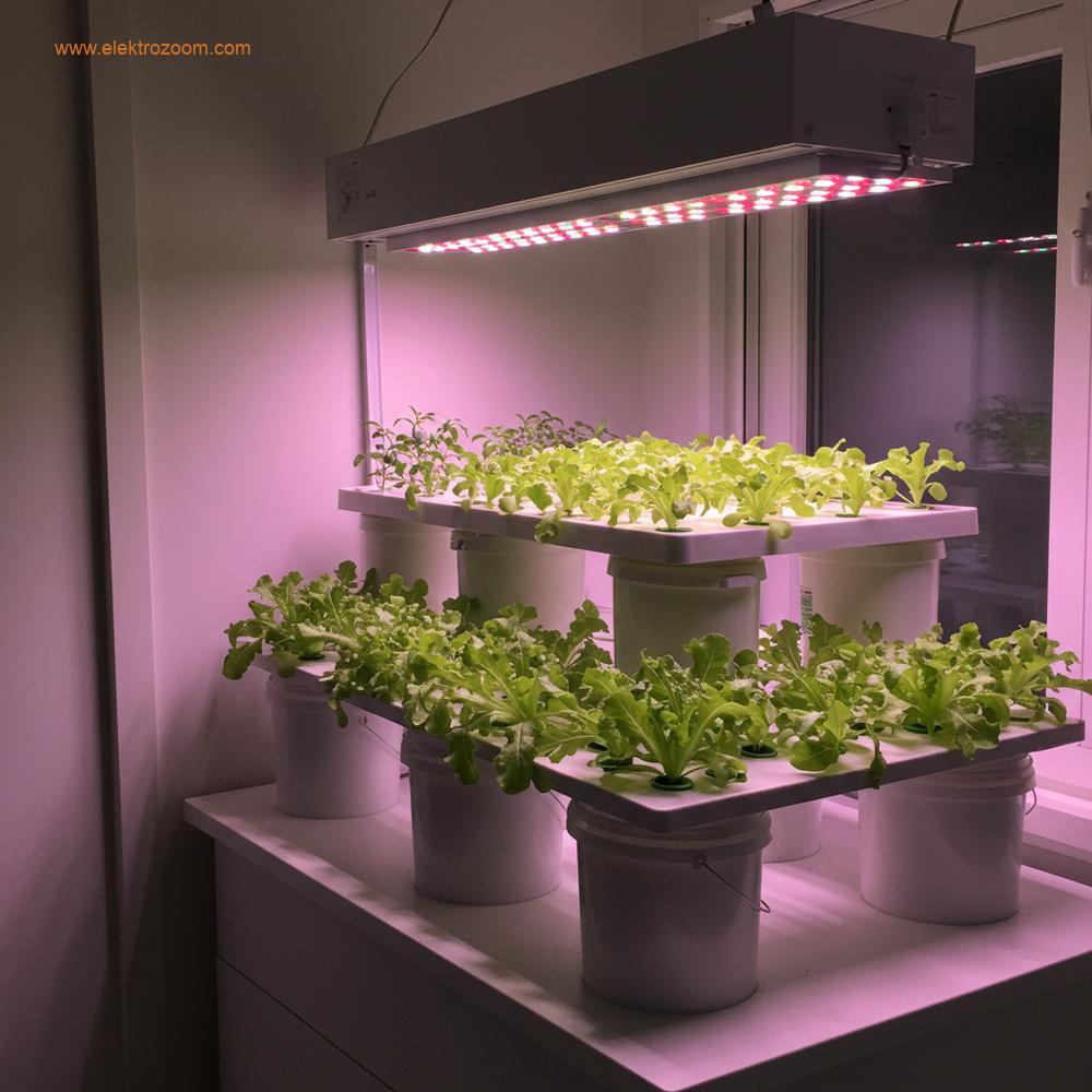 Modern, iyi aydınlatılmış bir iç mekan hidroponik bahçe kurulumu, DWC (Derin Su Kültürü) sisteminde gelişen sulu ve canlı yeşil yapraklı sebzeleri (marul veya fesleğen gibi) gösteriyor. Bitkiler, temiz, beyaz kova veya kaplarla kompakt, çok katmanlı bir düzende düzenlenmiştir.