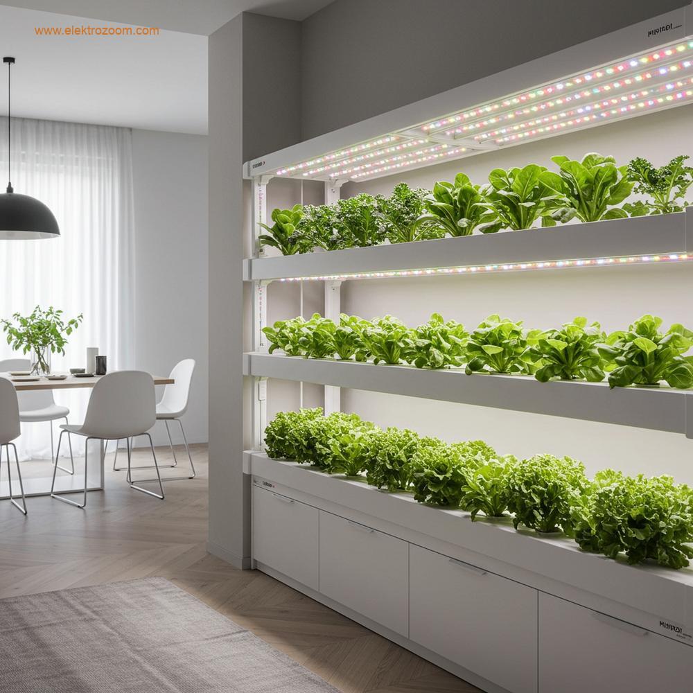 Modern bir yaşam alanına zarifçe entegre edilmiş, yeşilliklerin büyüdüğü şık, beyaz PVC kanallara sahip bir NFT topraksız tarım sistemi.
