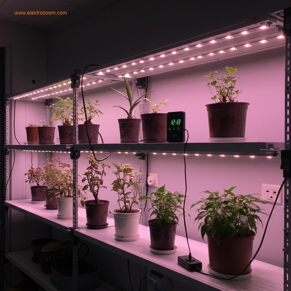 Çeşitli küçük ev bitkilerinin yetiştirilmesine ayrılmış modern bir raf veya sistem içeren bir iç mekan sahnesi. Birkaç ayarlanabilir LED şerit ışığı, bitkilerin üzerinde farklı, optimize edilmiş yüksekliklere konumlandırılmıştır. Güç çıkışlarından birine bağlı küçük bir dijital zamanlayıcı görünür, kontrollü süreyi vurgular. Genel atmosfer parlak ve işlevsel olmalıdır.