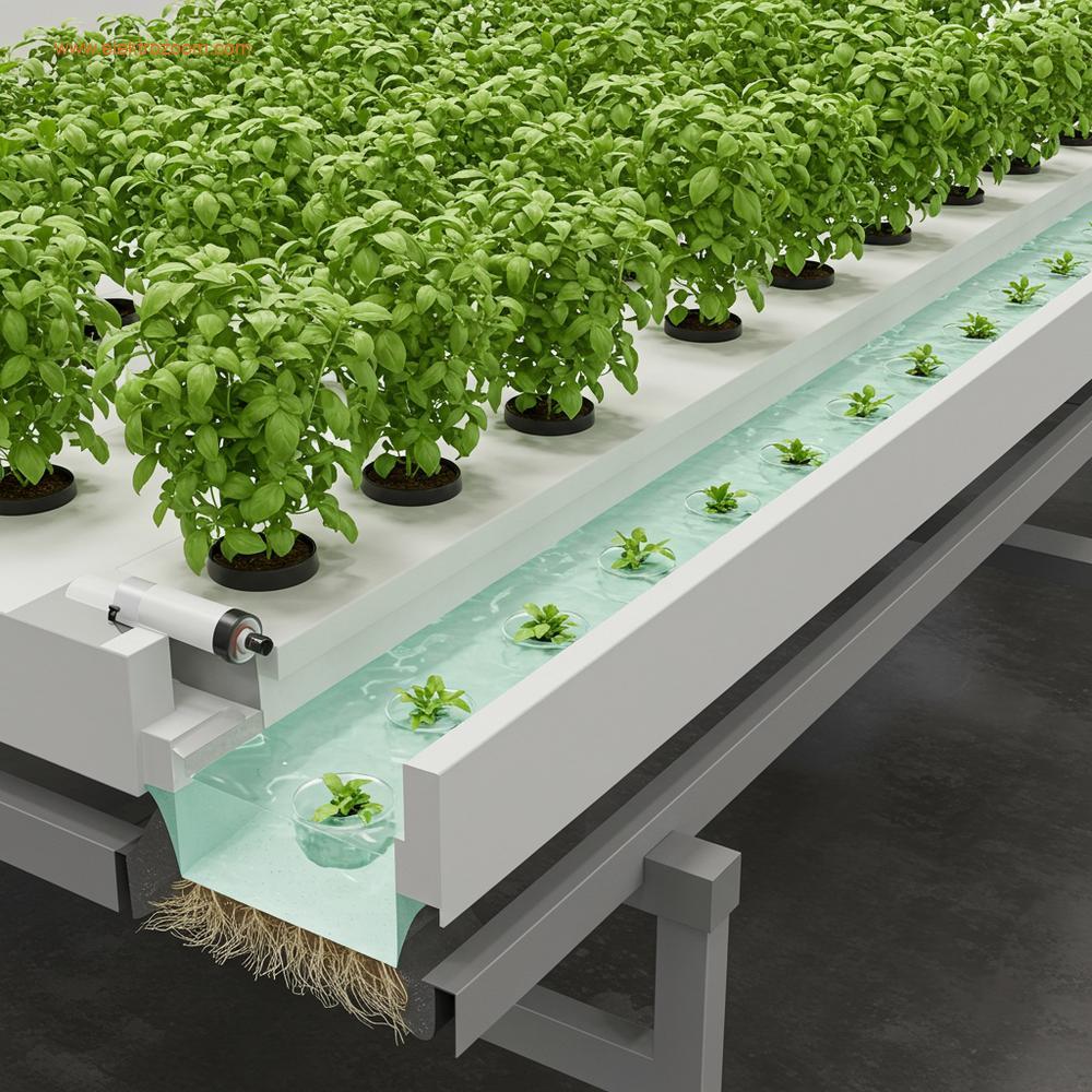 Besin Film Tekniği (NFT) oluk sisteminin kesit görünümü. Net saksılarda (net pots) yetiştirilen sağlıklı, yerleşik fesleğen sıraları görülüyor, köklerin hemen altında hafifçe hareket eden berrak besin çözeltisinin ince, sürekli bir filmi akıyor. Kurulumun geometrik yapısına ve temizliğine vurgu yapılmış. Gerçekçi, yüksek çözünürlüklü endüstriyel tarım fotoğrafı.