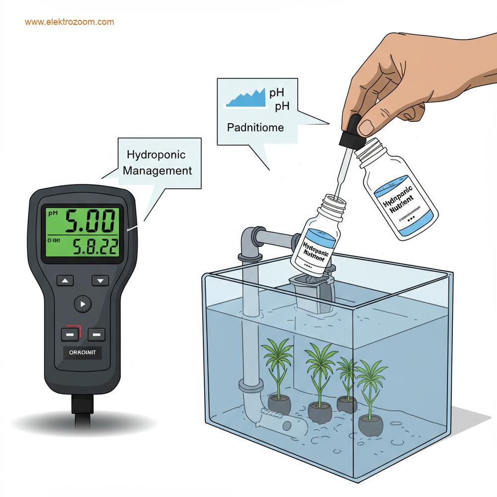 Hidroponik sistemde besin ve pH yönetimini gösteren, bir dijital pH metre ve besin solüsyonu ekleyen bir elin yer aldığı teknik çizim stili bir render.