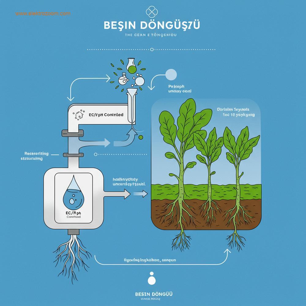 Besin Döngüsü konseptinin görsel temsili: Kimya ve biyoloji unsurlarını birleştiren stilize edilmiş, modern bir bilgi grafiği. Suyun, EC/pH kontrollü bir rezervuardan geçtiği ve sağlıklı bitki köklerinden sonra tekrar rezervuara geri aktığı basitleştirilmiş bir diyagram gösteriliyor. Verimlilik ve döngüsel geri dönüşümü öneren mavi, yeşil ve beyaz renk paletleri kullanılmış. Dijital illüstrasyon, minimalist.