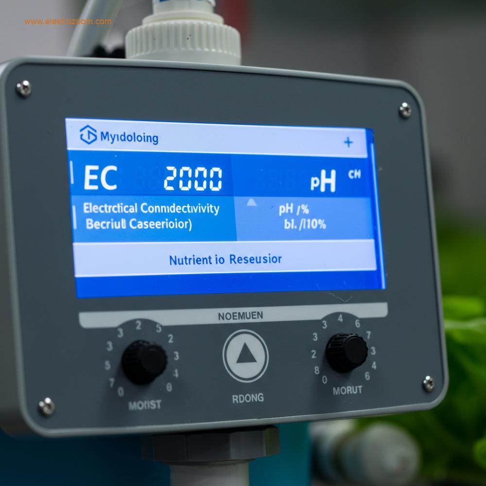Hidroponik besin rezervuarı için gerçek zamanlı izleme verilerini gösteren dijital bir kontrol paneli arayüzünü sergileyen teknik, parlak ışıklı bir çekim. EC (Elektriksel İletkenlik) ve pH seviyeleri için sayısal okumalara vurgu yapılmış, ayarlanabilir birkaç düğme veya buton görünür durumda. Arka plan, temiz, profesyonel bir tarım laboratuvarı ortamını işaret ediyor. Sığ alan derinliği.