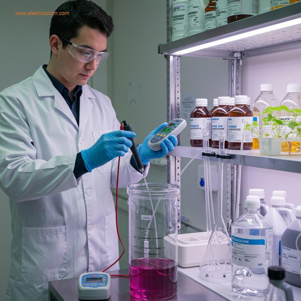 Laboratuvarda dijital pH metre ve EC metre ile besin çözeltisi parametrelerini ölçen bilim insanı.