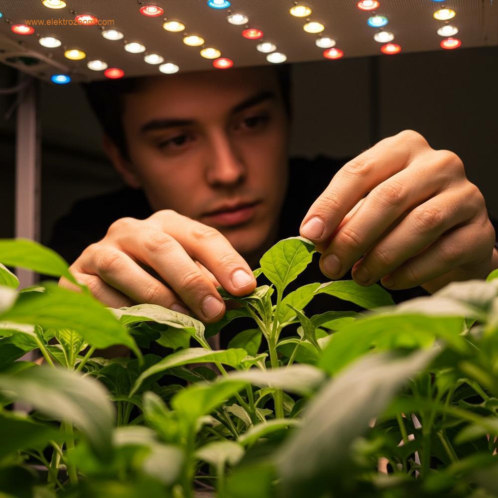 Bir kişinin, LED bitki ışığı altında bir bitkinin yapraklarını dikkatle incelediği bir sahne. Işık, bitkinin sağlığını veya stres belirtilerini kontrol etme anını vurguluyor.