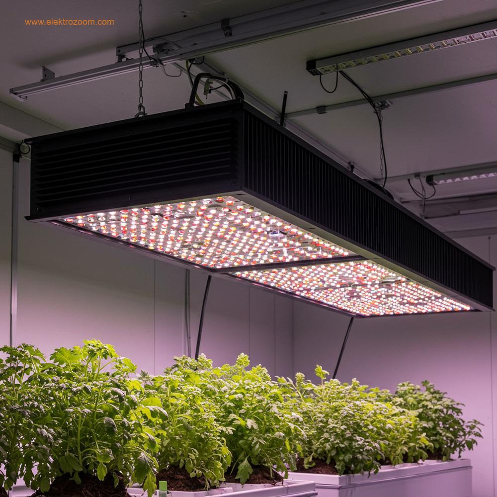 Modern bir dikey çiftlikte kullanılan, büyük, kanatçıklı alüminyum soğutuculara sahip LED bitki lambasının geniş açılı profesyonel çekimi.