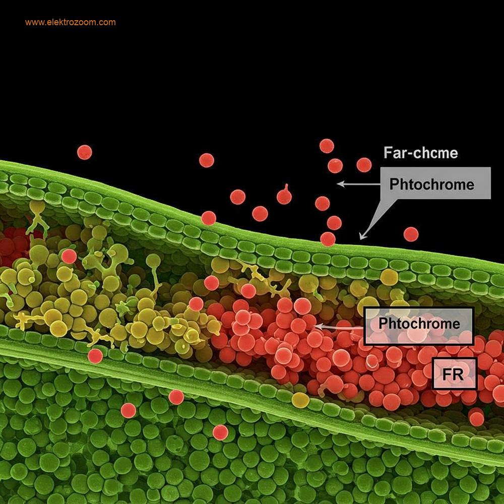 Işık ve bitki hücreleri arasındaki etkileşimi gösteren bilimsel bir illüstrasyon veya fotogerçekçi render. Özellikle fotoperiyodizm kavramını gösteren kırmızı (R) ve kırmızı ötesi (FR) fotonların (küçük renkli daireler olarak temsil edilir) yaprak kesitinde klorofil ve fitokrom pigmentleriyle etkileşimine odaklanılıyor. Kırmızı (R) ve kırmızı ötesi (FR) ışığın moleküler düzeydeki etkilerini görsel olarak ayırmak için zıt renkler kullanılarak ışık kalitesi tetikleyicisinin altı çiziliyor.