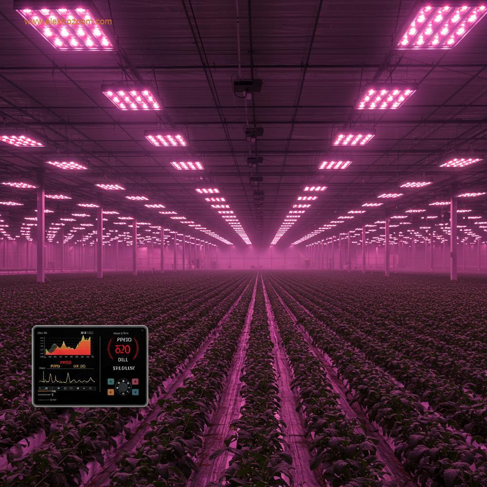 Alacakaranlıkta veya karanlık bir dönemde büyük bir endüstriyel seranın geniş açılı atmosferik çekimi. Üst üste dizilmiş sıralar, güçlü, odaklanmış LED armatürlerinin parlak beyaz-pembe ışığıyla aydınlatılmış durumda.