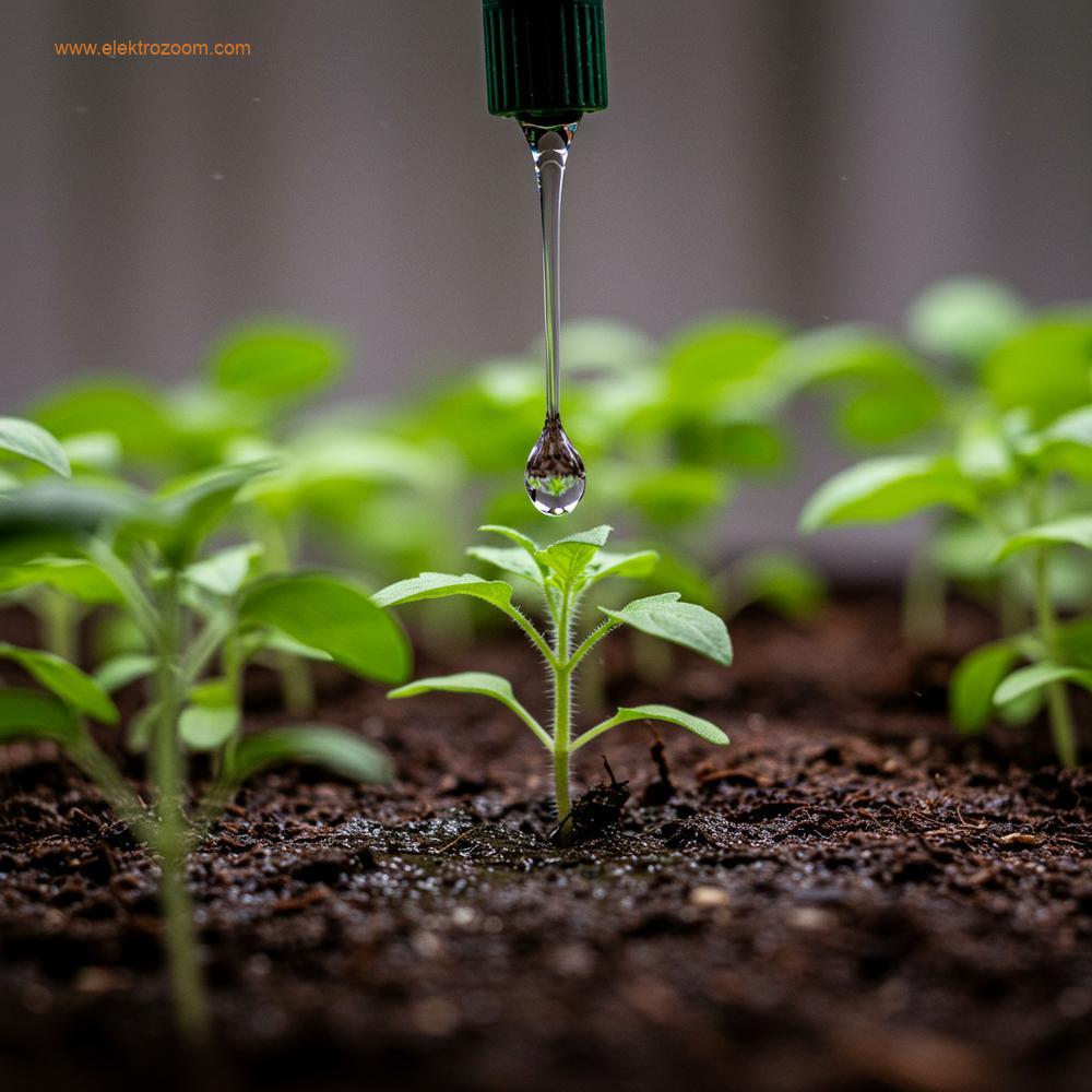 Soiless (topraksız) bir yetiştirme sisteminde hassas su teslimatını vurgulayan bir makro fotoğraf. Bir su damlası, sağlıklı bir bitkinin kök bölgesine düşmek üzere yakalanmış.