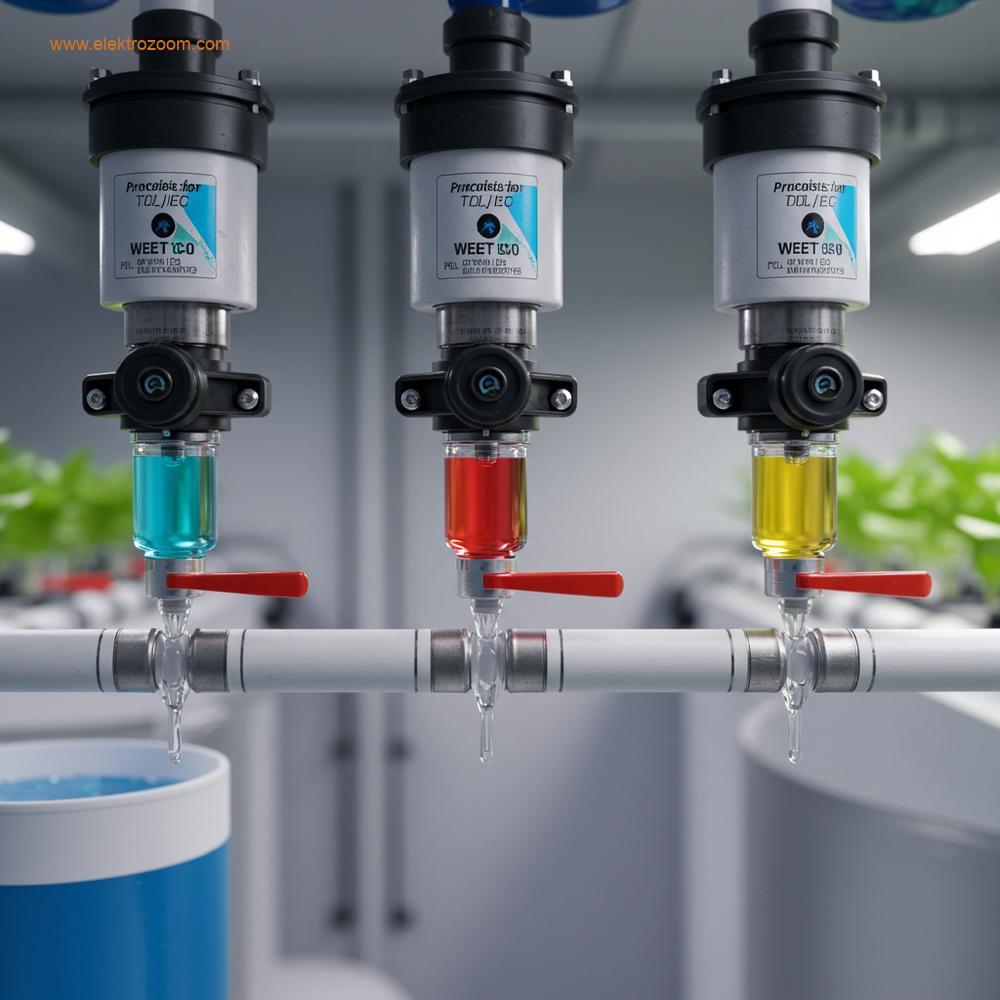 Üç adet hassas dozajlama pompasının, ana su borusuna renkli besin çözeltilerini (mavi, kırmızı, sarı) enjekte ettiği dinamik bir çekim.