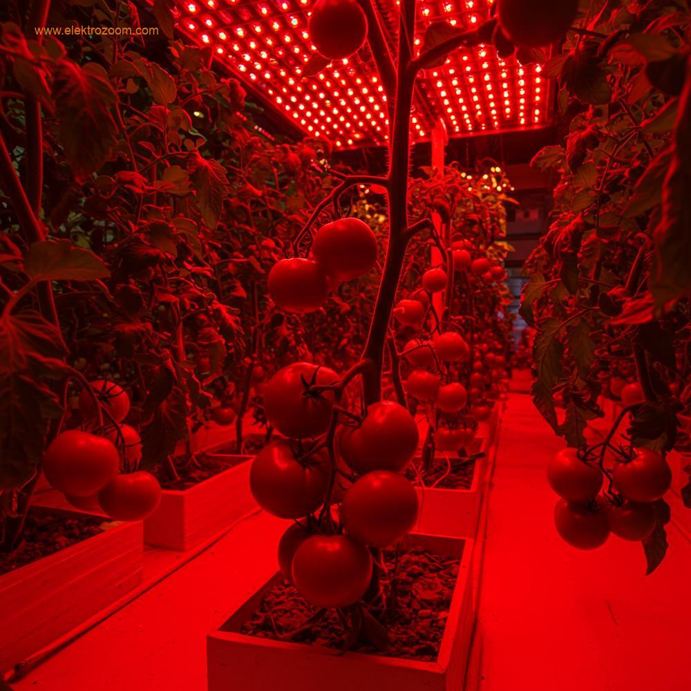 Kırmızı spektruma ağırlıklı sıcak tonlu LED ışıkları altında gelişen ve olgun kırmızı domateslere sahip, meyve verme aşamasındaki bir domates bitkisi.